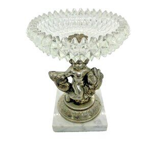 Candy Dish Crystal & Brass Cherub on Fish Design Vintage Made In Italy Decor